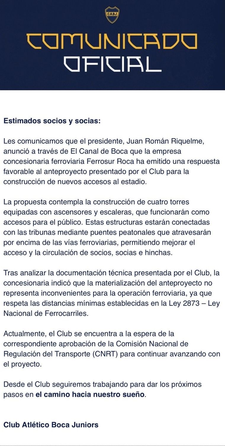 Boca envió un comunicado a sus socios a la medianoche por la ampliación de la Bombonera. Boca envió un comunicado a sus socios a la medianoche por la ampliación de la Bombonera.