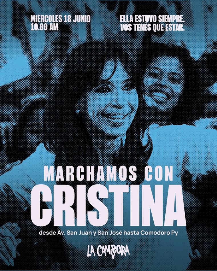 La convocatoria de La Cámpora para marchar el miércoles junto a Cristina Fernández de Kirchner hacia los tribunales de Comodoro Py. La convocatoria de La Cámpora para marchar el miércoles junto a Cristina Fernández de Kirchner hacia los tribunales de Comodoro Py.
