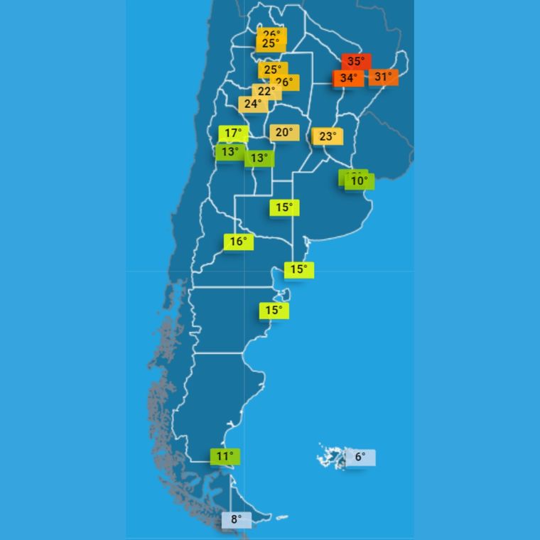 Así será el clima el sábado en el país.Fuente: Servicio Meteorológico Nacional