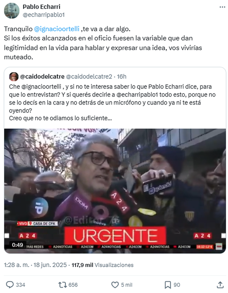 La respuesta de Pablo Echarri. Foto: captura de pantalla X/ @echarripablo1. La respuesta de Pablo Echarri. Foto: captura de pantalla X/ @echarripablo1.
