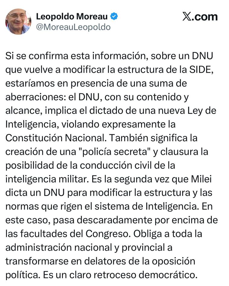 Leopoldo Moreau cuestionó el DNU de Inteligencia en X. Leopoldo Moreau cuestionó el DNU de Inteligencia en X.