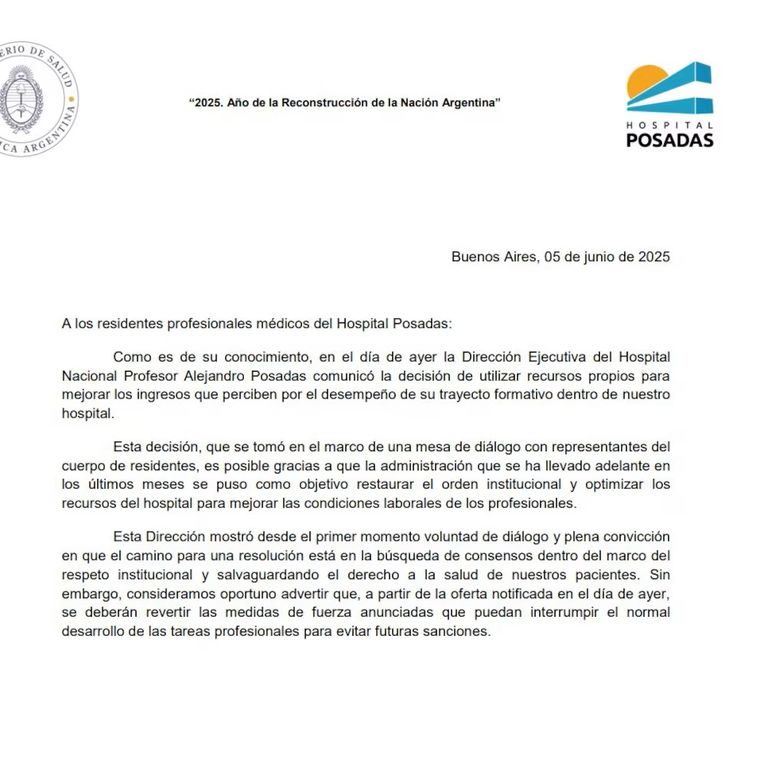 El comunicado emitido por el Hospital Posadas. El comunicado emitido por el Hospital Posadas.
