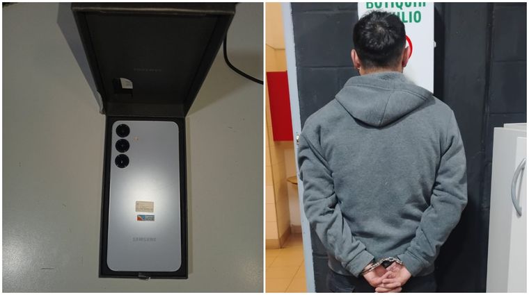 El sospechoso detenido y uno de los celulares secuestrados.&nbsp;