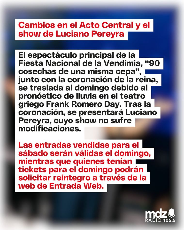Luciano Pereyra se presentará tras la elección de la nueva Reina de la Vendimia. Luciano Pereyra se presentará tras la elección de la nueva Reina de la Vendimia.