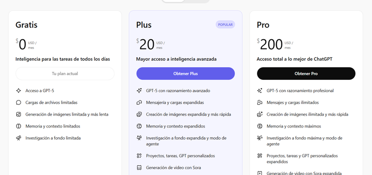 Los 3 planes individuales de ChatGPT. Los 3 planes individuales de ChatGPT.