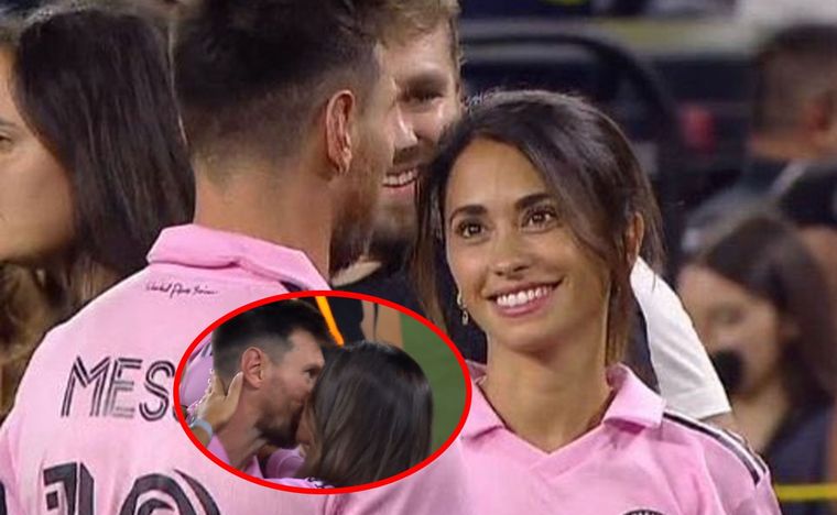 Antonela Roccuzzo ingresó al campo a celebrar con Messi. Foto: Captura