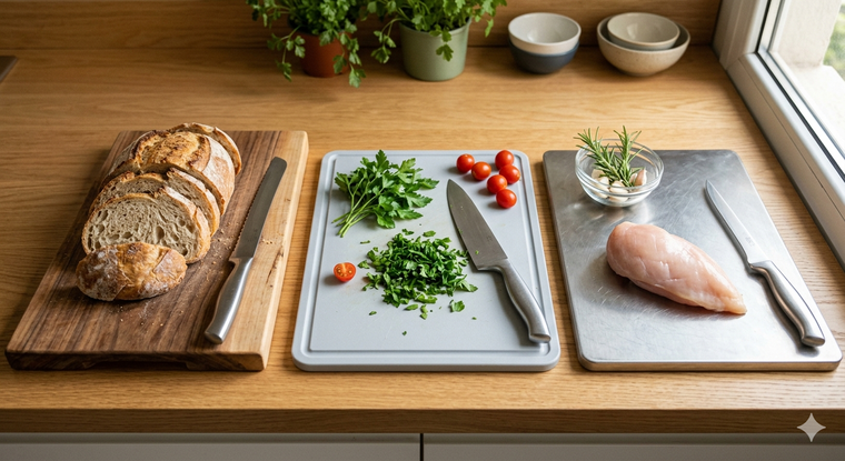 Lo más importante no es solo el material, sino mantener las tablas limpias, secas y en buen estado para evitar contaminación cruzada en la cocina. Foto: Gemini IA Lo más importante no es solo el material, sino mantener las tablas limpias, secas y en buen estado para evitar contaminación cruzada en la cocina. Foto: Gemini IA 