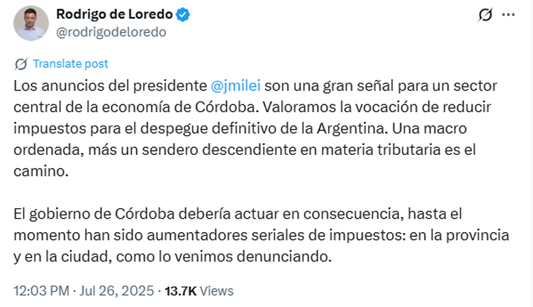 De Loredo festejó el anuncio de Milei. De Loredo festejó el anuncio de Milei.