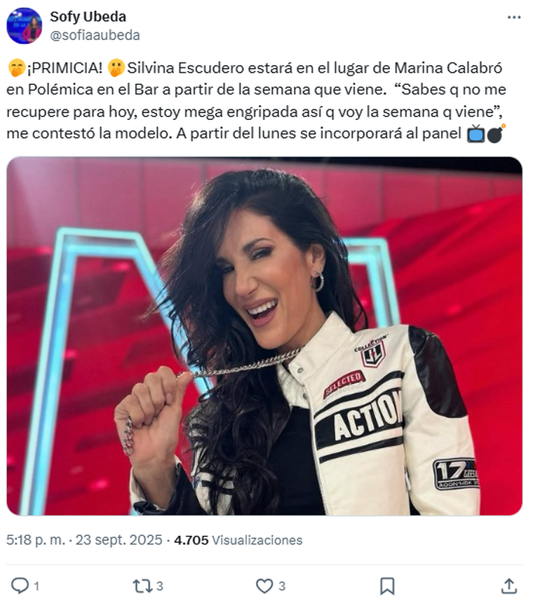 Silvina Escudero se incorpora a Polémica en el Bar en lugar de Marina Calabró. Foto: captura de pantalla X/ @sofiaaubeda. Silvina Escudero se incorpora a Polémica en el Bar en lugar de Marina Calabró. Foto: captura de pantalla X/ @sofiaaubeda.