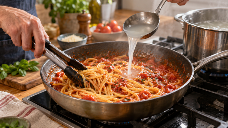 El agua de la cocci&oacute;n es un gran recurso para la salsa de lo fideos.