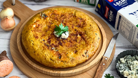 Tarta de batata y queso azul: lo dulce, lo salado y lo crocante en una sola porción. Foto: Leche Pascual