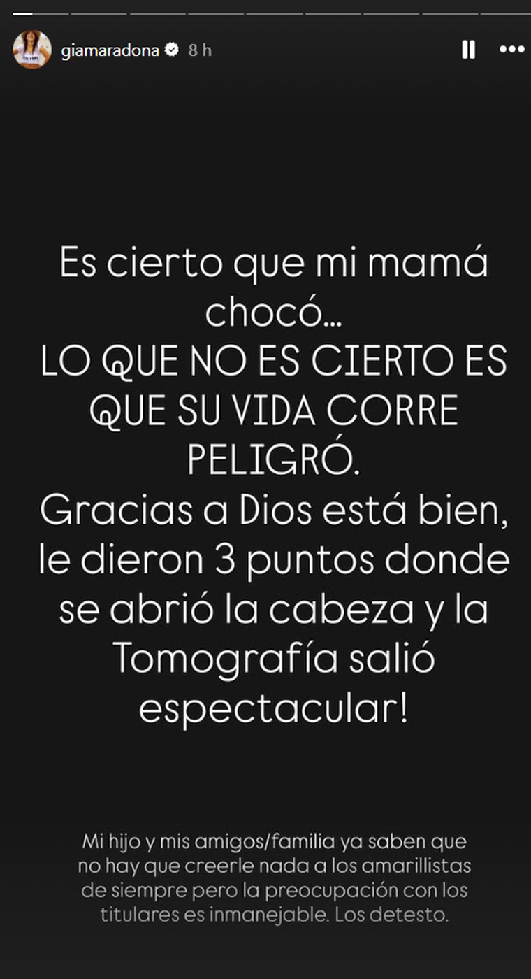 El enojo de Gianinna Maradona tras el accidente de Claudia Villafañe. Foto: captura de pantalla Instagram/ @giamaradona. El enojo de Gianinna Maradona tras el accidente de Claudia Villafañe. Foto: captura de pantalla Instagram/ @giamaradona. 