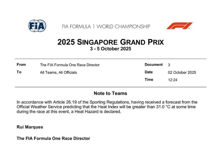La Fórmula 1 activa por primera vez el Riesgo por Calor en Singapur. La Fórmula 1 activa por primera vez el Riesgo por Calor en Singapur.