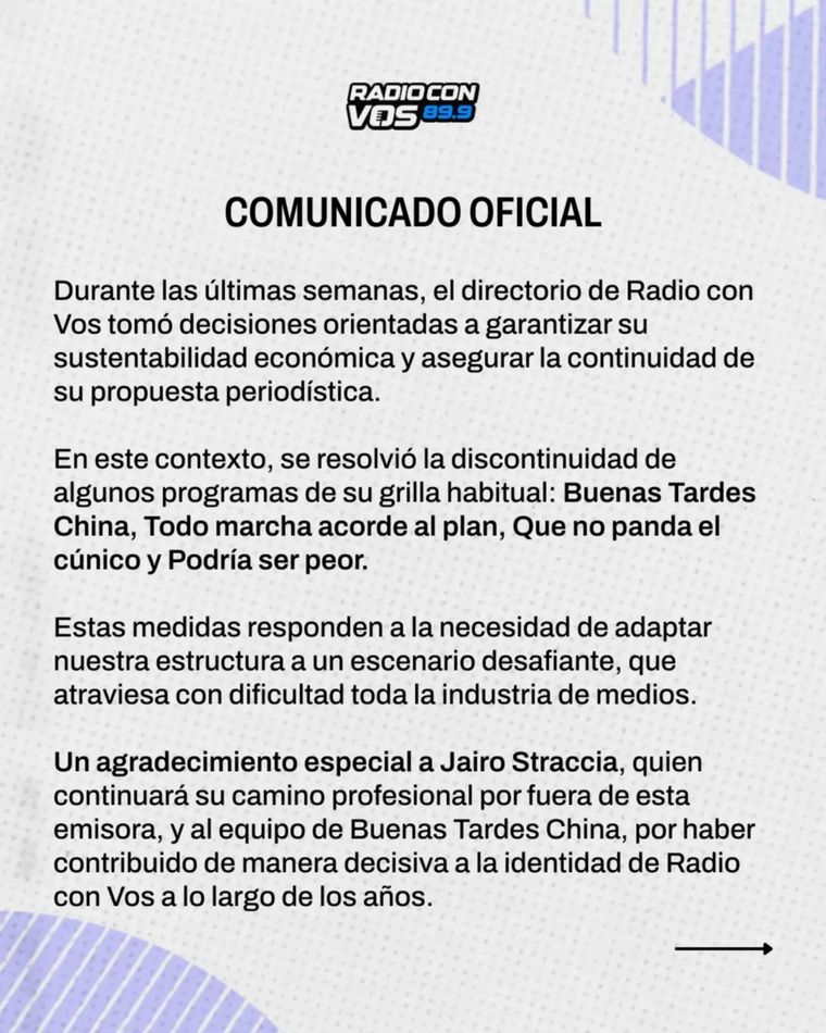 El comunicado fue compartido en la cuenta oficial de X y de Instagram de la emisora. El comunicado fue compartido en la cuenta oficial de X y de Instagram de la emisora.