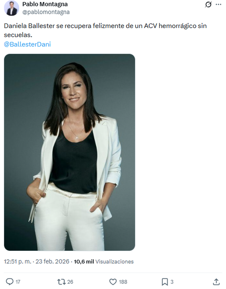 Daniela Ballester sufri&oacute; un ACV hemorr&aacute;gico.