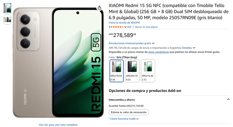 El precio base en la plataforma de Amazon es de $278.589,38, sin contar los gastos de importación al país. El precio base en la plataforma de Amazon es de $278.589,38, sin contar los gastos de importación al país.