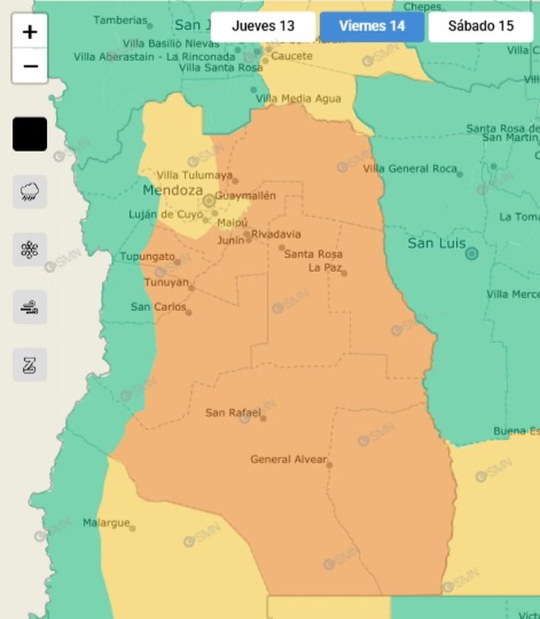 El SMN emitió un alerta naranja por tormentas en gran parte del territorio mendocino. El SMN emitió un alerta naranja por tormentas en gran parte del territorio mendocino.