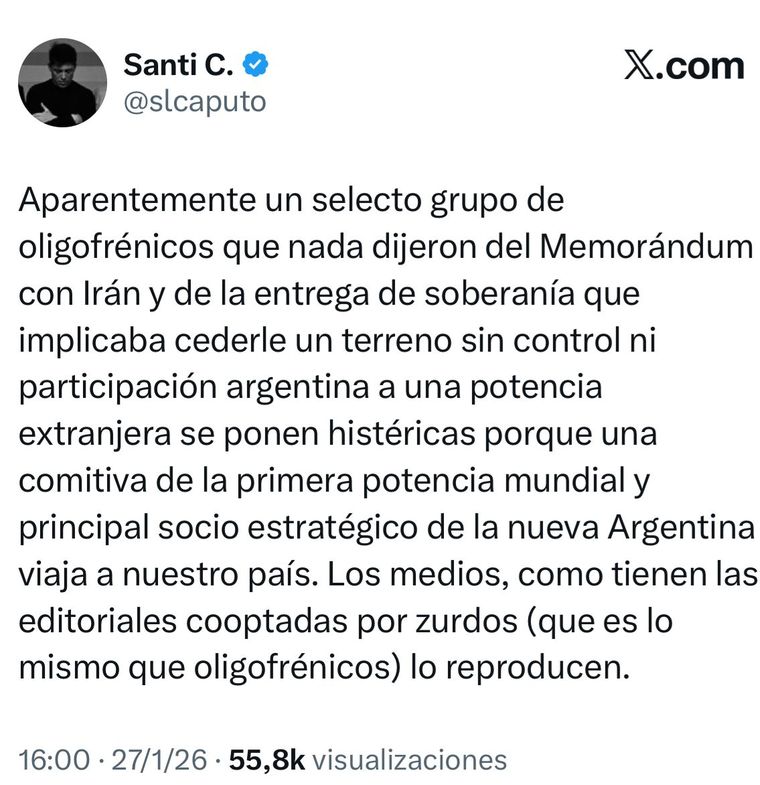 Santiago Caputo apuntó contra la oposición tras la llegada de aviones estadounidenses a Tierra del Fuego. Santiago Caputo apuntó contra la oposición tras la llegada de aviones estadounidenses a Tierra del Fuego.
