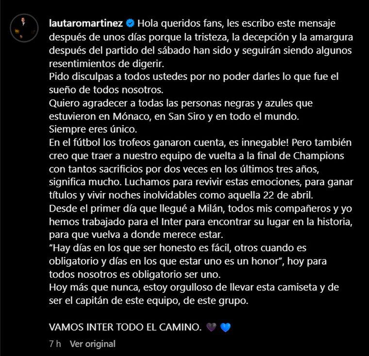 Lautaro Mart&iacute;nez se disculp&oacute; con los hinchas del Inter en Instagram.