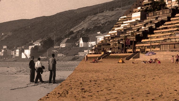 Dos imágenes de Reñaca (Chile) de distintas épocas en una sola. Foto: Pinterest