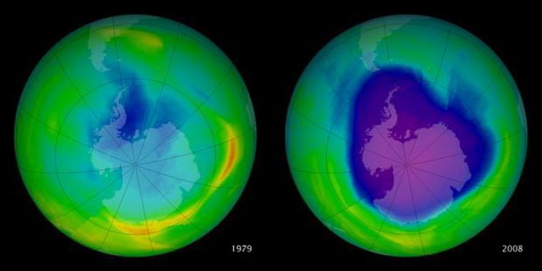 Comparación del agujero en la capa de ozono sobre la Antártida en 1979 y 2008. Foto: Wikipedia Comparación del agujero en la capa de ozono sobre la Antártida en 1979 y 2008. Foto: Wikipedia