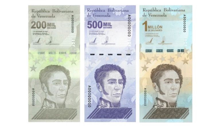 Los tres nuevos billetes presentados por el Banco Central de Venezuela apenas suman US$1 juntos. Foto: BANCO CENTRAL DE VENEZUELA