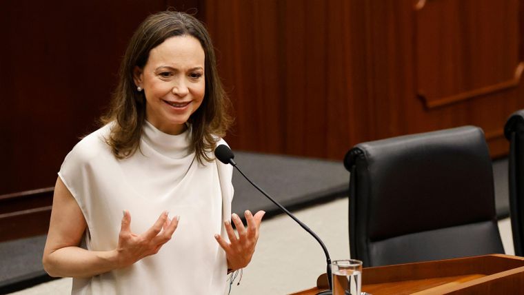 María Corina Machado durante una intervención en la Asamblea Nacional de Panamá.