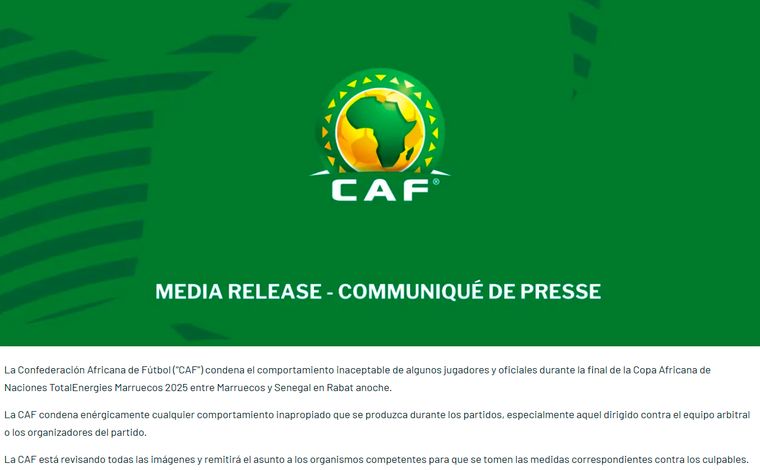 La CAF emitió un comunicado este lunes en su sitio web oficial. La CAF emitió un comunicado este lunes en su sitio web oficial.