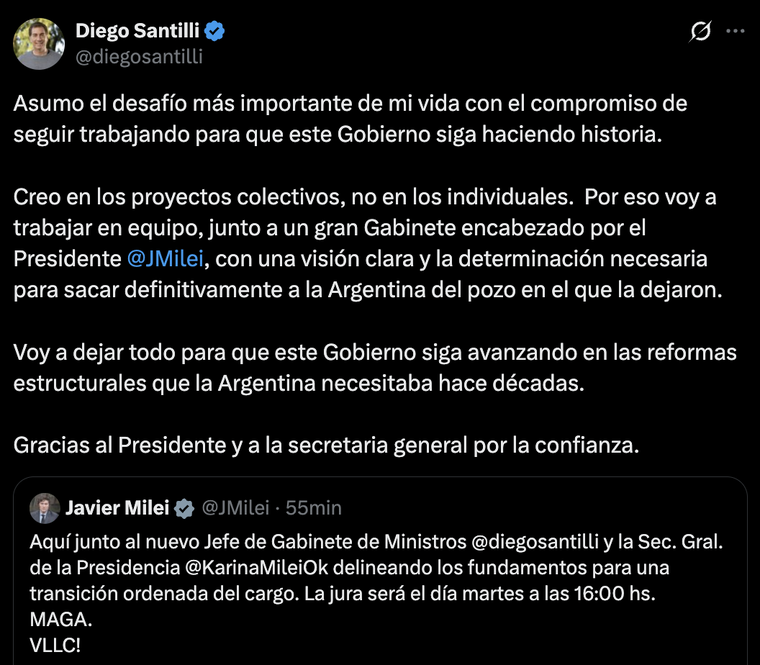 El mensaje en X de Diego Santilli luego de ser nombrado jefe de Gabinete. El mensaje en X de Diego Santilli luego de ser nombrado jefe de Gabinete.