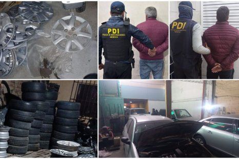 Ruedas, llantas y vehículos secuestrados y dos de los presuntos miembros de la banda detenidos en los procedimientos. 