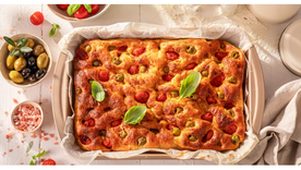 Estallido de sabores: receta de focaccia con tomate cherry y aceitunas gourmet. Estallido de sabores: receta de focaccia con tomate cherry y aceitunas gourmet.