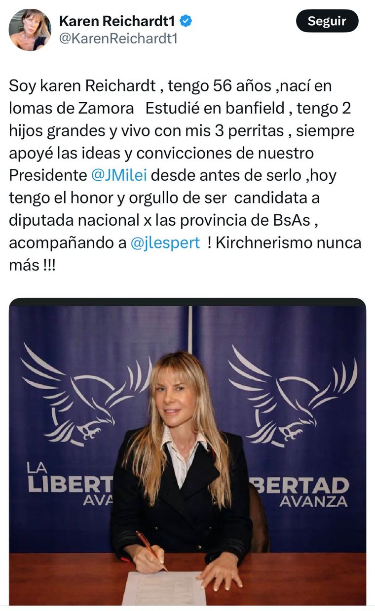 El tuit de Karen Reichardt sobre su candidatura a diputada por La Libertad Avanza El tuit de Karen Reichardt sobre su candidatura a diputada por La Libertad Avanza