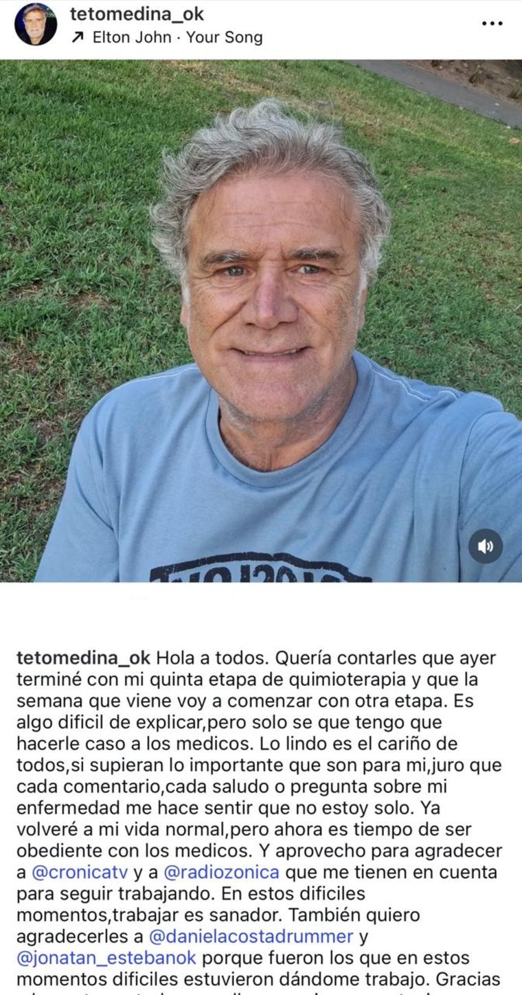 El reciente posteo de Medina sobre su estado de salud. El reciente posteo de Medina sobre su estado de salud.