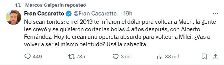 El mensaje de Marcos Galperin que pondría su opinión a favor del Gobierno de Javier Milei. El mensaje de Marcos Galperin que pondría su opinión a favor del Gobierno de Javier Milei.