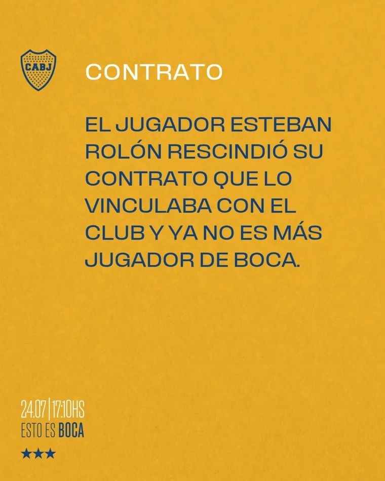 Esteban Rolón ya no es más jugador de Boca Esteban Rolón ya no es más jugador de Boca