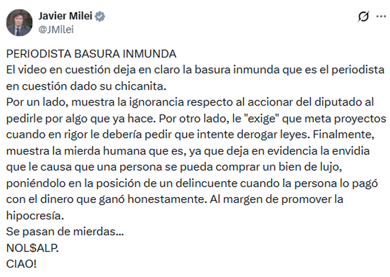 Javier Milei sin filtro contra Franco Mercuriali. 