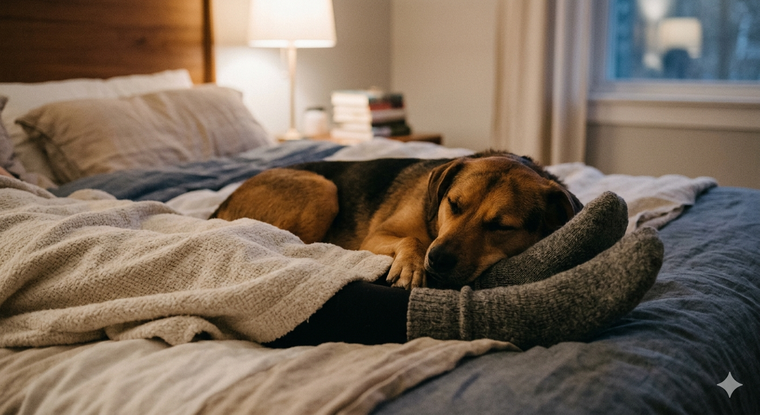 Al perro también le gusta dormir con sus dueños. Fuente. IA Gemini. Al perro también le gusta dormir con sus dueños. Fuente. IA Gemini.