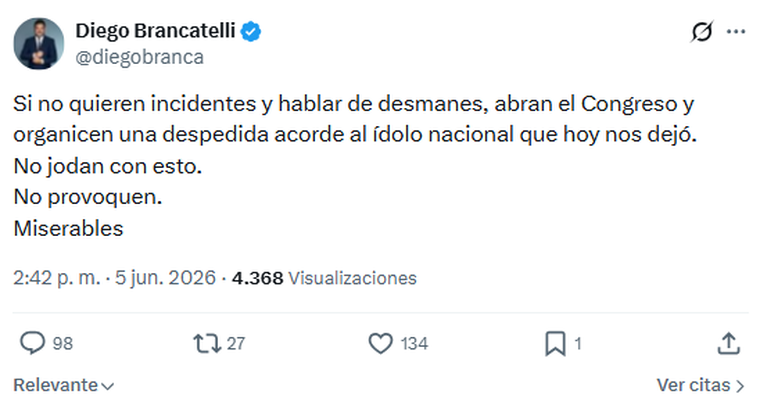 Diego Brancatelli tajante con el Gobierno tras la muerte del Indio Solari. Diego Brancatelli tajante con el Gobierno tras la muerte del Indio Solari.