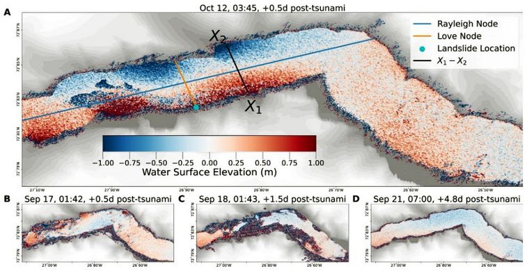 El descubrimiento revelado en mapas de elevación de la superficie del mar del fiordo Dickson. Foto: DPA El descubrimiento revelado en mapas de elevación de la superficie del mar del fiordo Dickson. Foto: DPA