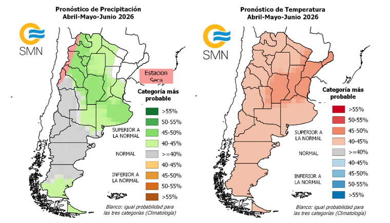 El mapa difundido por el Servicio Meteorológico Nacional muestra, para abril, mayo y junio, una señal de temperaturas por encima de lo normal en buena parte del país y lluvias con diferencias según cada región. El mapa difundido por el Servicio Meteorológico Nacional muestra, para abril, mayo y junio, una señal de temperaturas por encima de lo normal en buena parte del país y lluvias con diferencias según cada región.