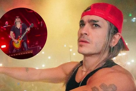 Pato Sardelli protagonizó el momento más comentado de la noche al golpear un dron con su guitarra en pleno solo. / Instgram @airbag Pato Sardelli protagonizó el momento más comentado de la noche al golpear un dron con su guitarra en pleno solo. / Instgram @airbag