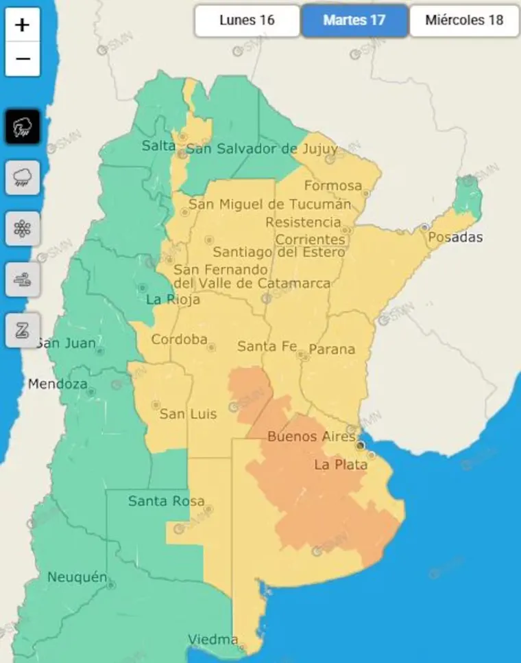 Las zonas que están bajo alerta por las tormentas. Las zonas que están bajo alerta por las tormentas.
