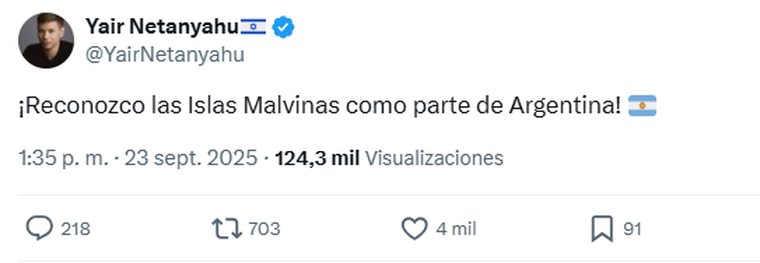 El posteo de Yair Netanyahu sobre las Islas Malvinas. El posteo de Yair Netanyahu sobre las Islas Malvinas.