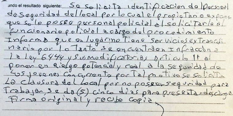Acta labrada por Diversión Nocturna que solicita la clausura del local bailable.