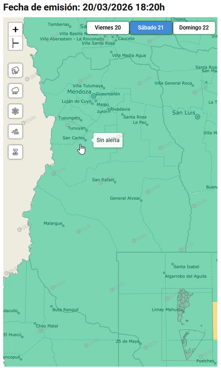 Así se mostraba el mapa de alertas tempranas del SMN para el territorio mendocino. Así se mostraba el mapa de alertas tempranas del SMN para el territorio mendocino. 