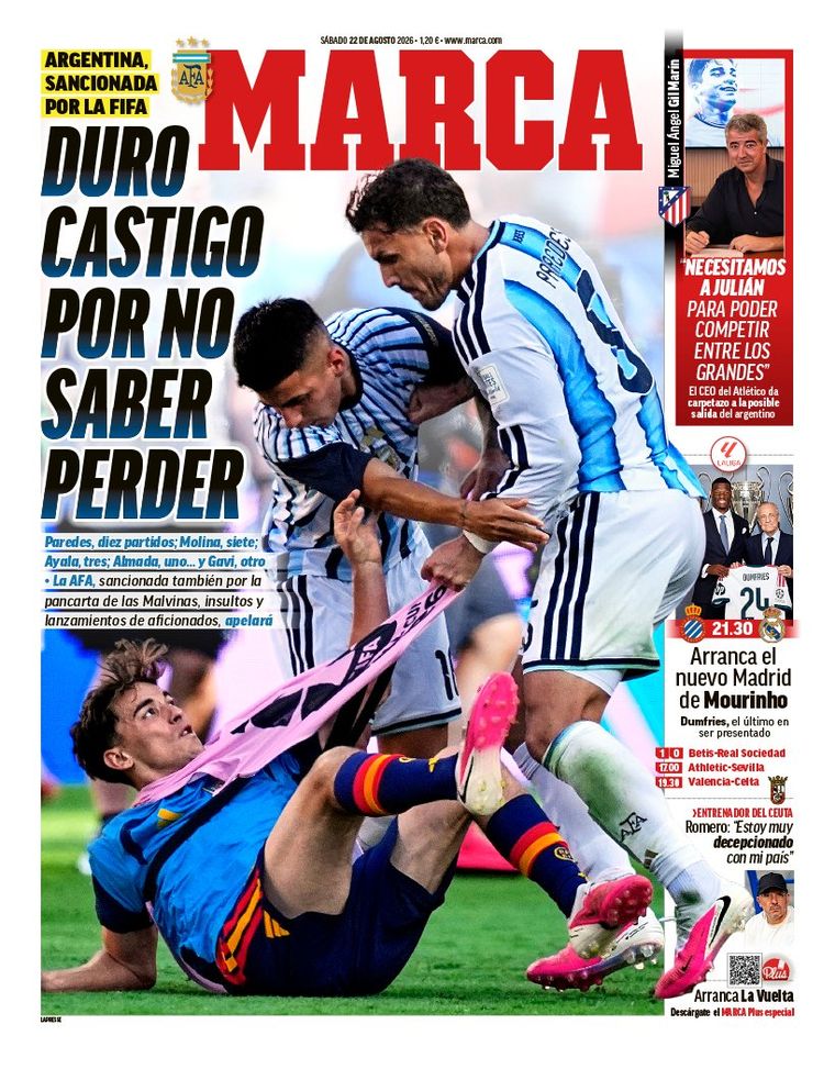 El fuerte título del Diario Marca de España ante las sanciones para los jugadores de la Selección Argentina tras la final de la Copa del Mundo. El fuerte título del Diario Marca de España ante las sanciones para los jugadores de la Selección Argentina tras la final de la Copa del Mundo.