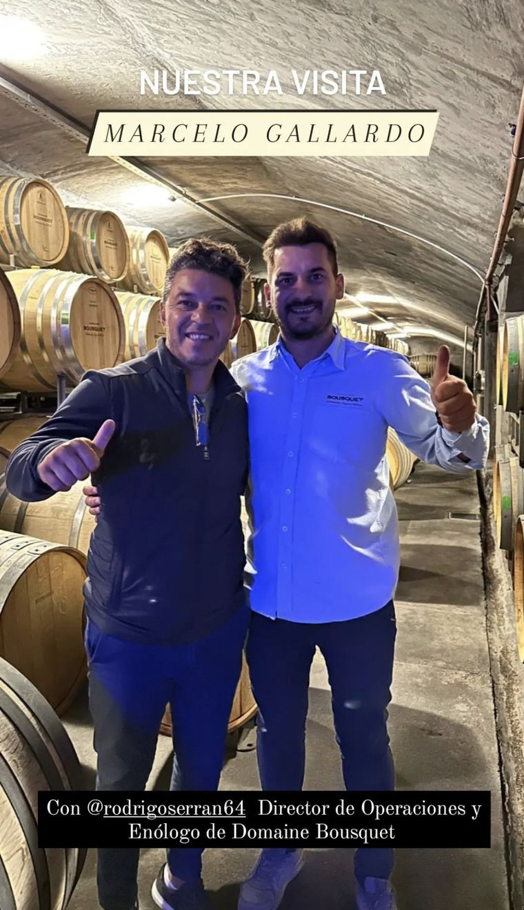 Marcelo Gallardo en Mendoza. El Muñeco junto al enólogo Rodrigo Serrano. ¡Mirá las fotos al final de la nota! Foto: Instagram