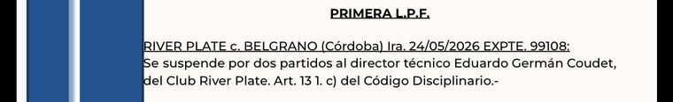 La sanción al Chacho Coudet por insultar al árbitro en la final. La sanción al Chacho Coudet por insultar al árbitro en la final.