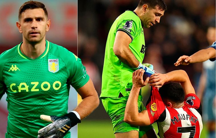 Dibu Martínez tuvo un fuerte cruce con Neal Maupay, jugador francés del Brentford. Foto: @emi_martinez26