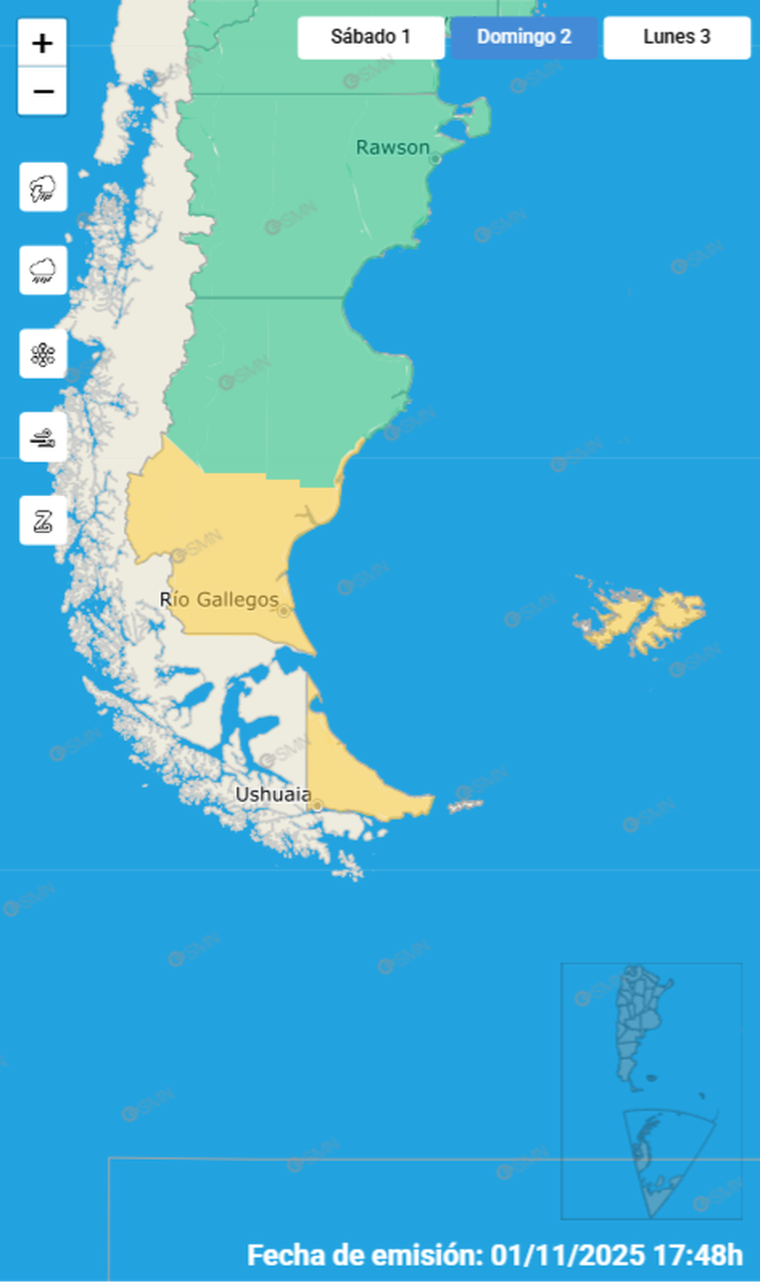 Se esperan ráfagas que podrían superar los 90 km/h en el extremo sur del país. Debido a esto se emitió una alerta amarilla. Se esperan ráfagas que podrían superar los 90 km/h en el extremo sur del país. Debido a esto se emitió una alerta amarilla.